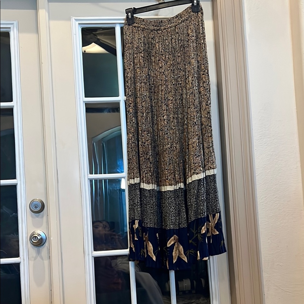 Brown and Blue Pleated Tiered Maxi Skirt